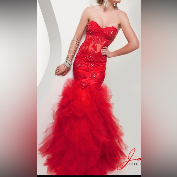 JASZ COUTURE HOT SEXY RED LACE MERMAID SATIN TULLE FORMAL DRESS SIZE 12 - Picture 2 of 8